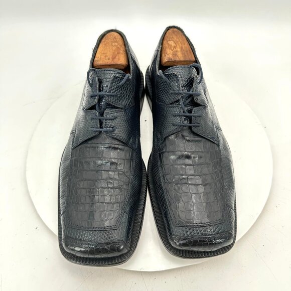 David Eden Men Size 10 Black Alligator Lizard Leather Square Toe Derby Shoes - Picture 1 of 11